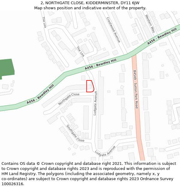 2, NORTHGATE CLOSE, KIDDERMINSTER, DY11 6JW: Location map and indicative extent of plot