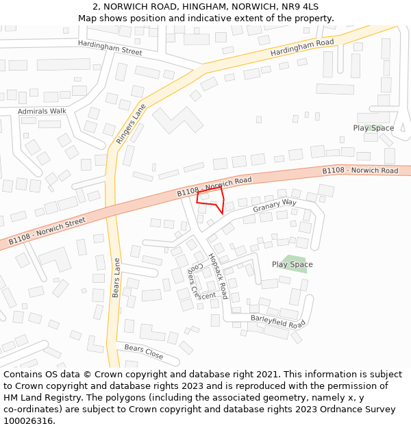 2, NORWICH ROAD, HINGHAM, NORWICH, NR9 4LS: Location map and indicative extent of plot