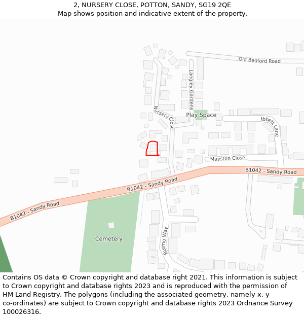 2, NURSERY CLOSE, POTTON, SANDY, SG19 2QE: Location map and indicative extent of plot