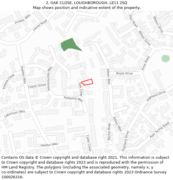 2, OAK CLOSE, LOUGHBOROUGH, LE11 2SQ: Location map and indicative extent of plot