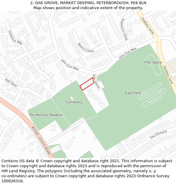 2, OAK GROVE, MARKET DEEPING, PETERBOROUGH, PE6 8LN: Location map and indicative extent of plot