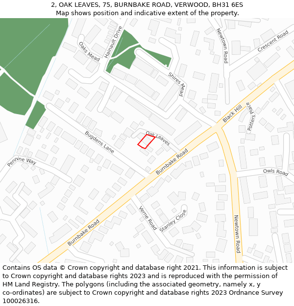 2, OAK LEAVES, 75, BURNBAKE ROAD, VERWOOD, BH31 6ES: Location map and indicative extent of plot