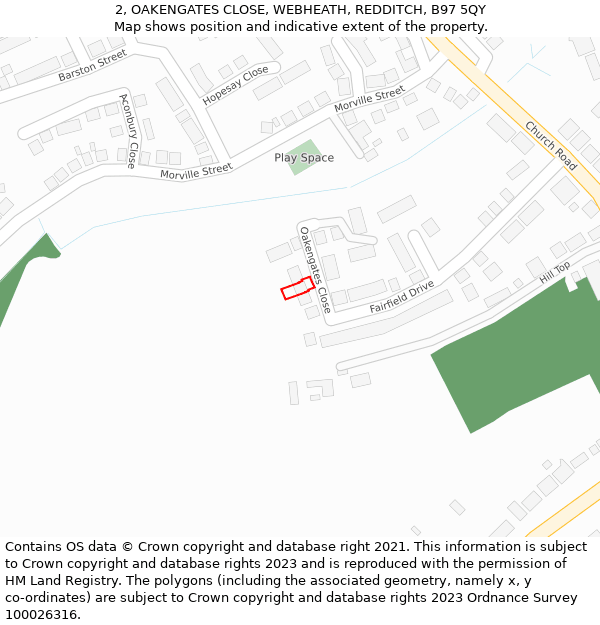 2, OAKENGATES CLOSE, WEBHEATH, REDDITCH, B97 5QY: Location map and indicative extent of plot