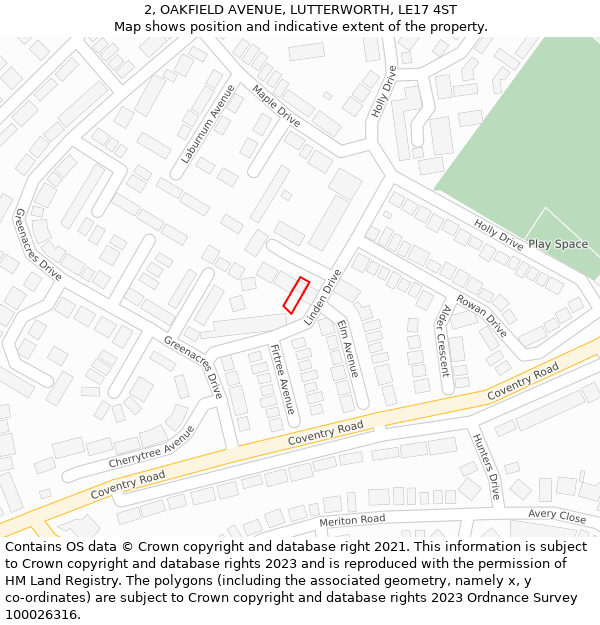 2, OAKFIELD AVENUE, LUTTERWORTH, LE17 4ST: Location map and indicative extent of plot