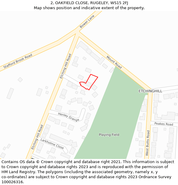 2, OAKFIELD CLOSE, RUGELEY, WS15 2FJ: Location map and indicative extent of plot