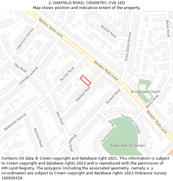 2, OAKFIELD ROAD, COVENTRY, CV6 1ED: Location map and indicative extent of plot