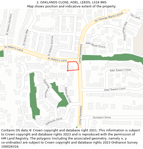 2, OAKLANDS CLOSE, ADEL, LEEDS, LS16 8NS: Location map and indicative extent of plot