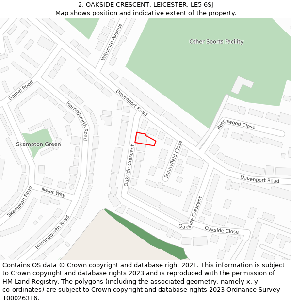 2, OAKSIDE CRESCENT, LEICESTER, LE5 6SJ: Location map and indicative extent of plot