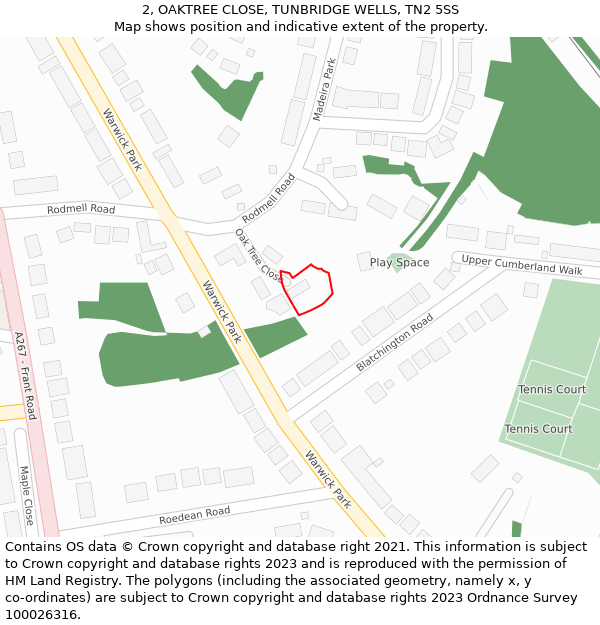 2, OAKTREE CLOSE, TUNBRIDGE WELLS, TN2 5SS: Location map and indicative extent of plot