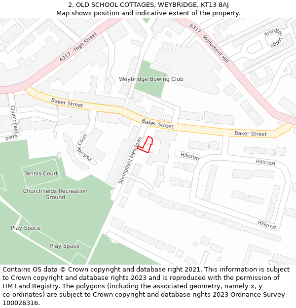 2, OLD SCHOOL COTTAGES, WEYBRIDGE, KT13 8AJ: Location map and indicative extent of plot