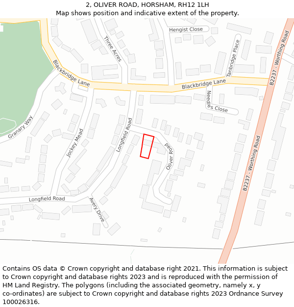 2, OLIVER ROAD, HORSHAM, RH12 1LH: Location map and indicative extent of plot