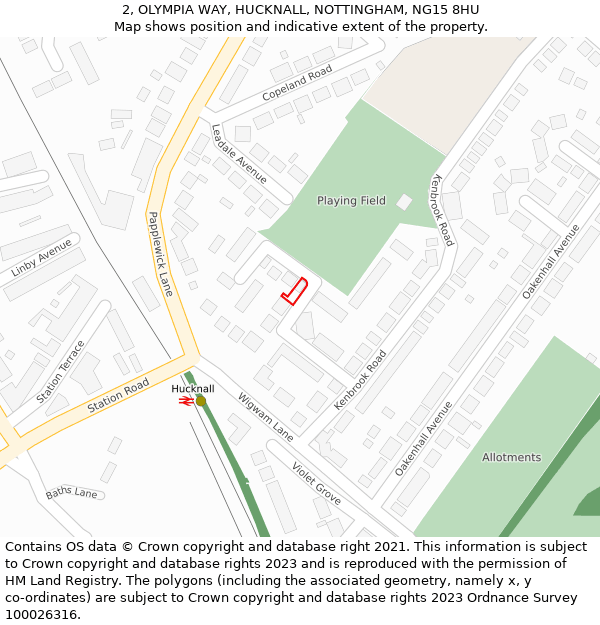 2, OLYMPIA WAY, HUCKNALL, NOTTINGHAM, NG15 8HU: Location map and indicative extent of plot