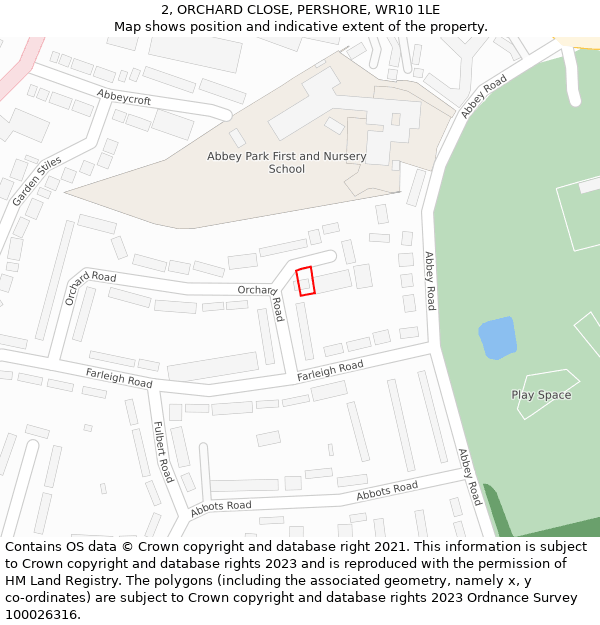 2, ORCHARD CLOSE, PERSHORE, WR10 1LE: Location map and indicative extent of plot