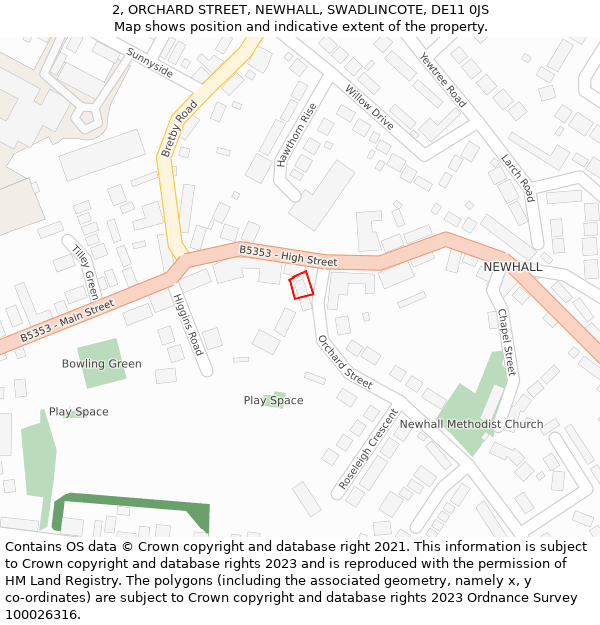 2, ORCHARD STREET, NEWHALL, SWADLINCOTE, DE11 0JS: Location map and indicative extent of plot