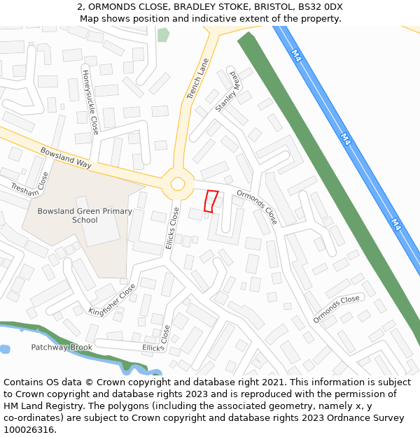 2, ORMONDS CLOSE, BRADLEY STOKE, BRISTOL, BS32 0DX: Location map and indicative extent of plot