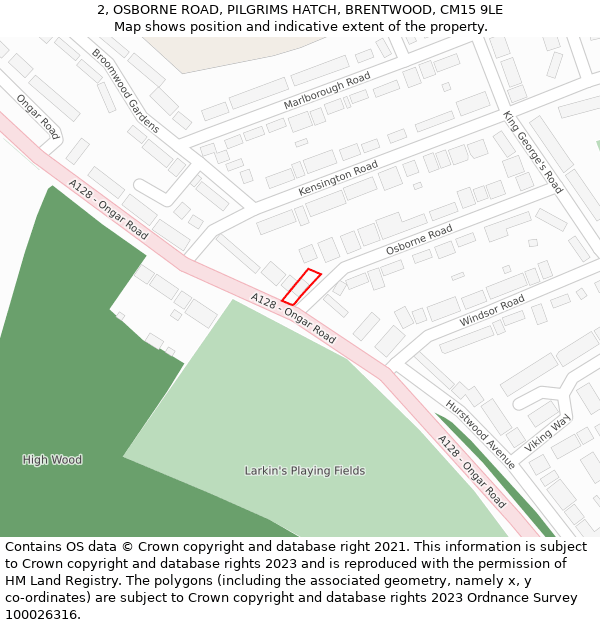 2, OSBORNE ROAD, PILGRIMS HATCH, BRENTWOOD, CM15 9LE: Location map and indicative extent of plot