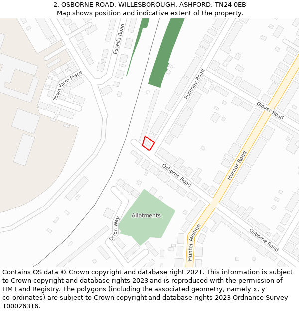 2, OSBORNE ROAD, WILLESBOROUGH, ASHFORD, TN24 0EB: Location map and indicative extent of plot