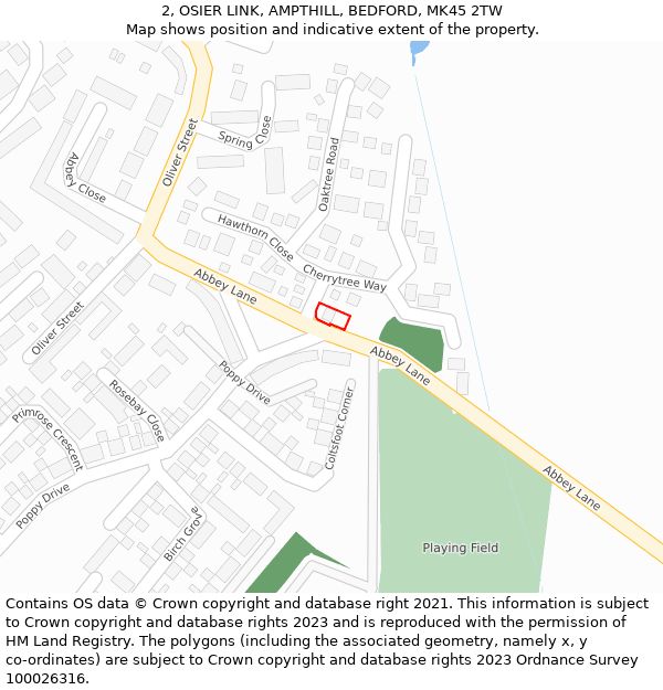 2, OSIER LINK, AMPTHILL, BEDFORD, MK45 2TW: Location map and indicative extent of plot