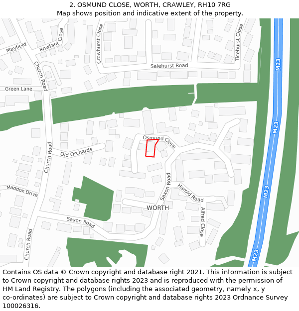 2, OSMUND CLOSE, WORTH, CRAWLEY, RH10 7RG: Location map and indicative extent of plot