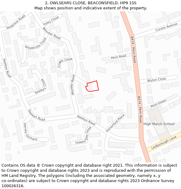 2, OWLSEARS CLOSE, BEACONSFIELD, HP9 1SS: Location map and indicative extent of plot