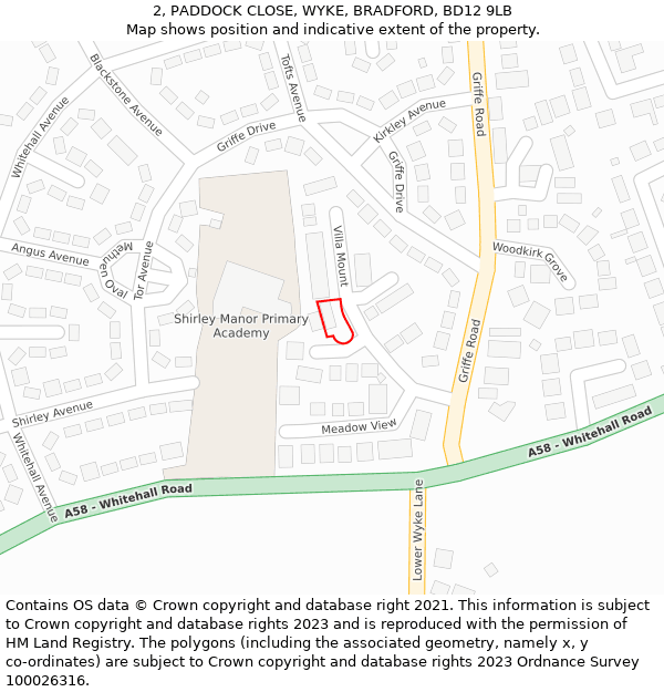 2, PADDOCK CLOSE, WYKE, BRADFORD, BD12 9LB: Location map and indicative extent of plot