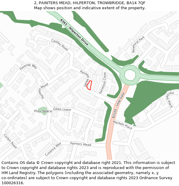 2, PAINTERS MEAD, HILPERTON, TROWBRIDGE, BA14 7QF: Location map and indicative extent of plot