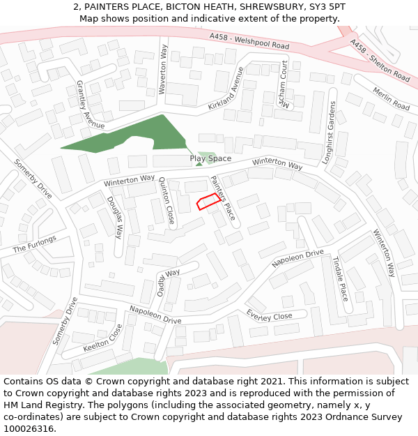 2, PAINTERS PLACE, BICTON HEATH, SHREWSBURY, SY3 5PT: Location map and indicative extent of plot