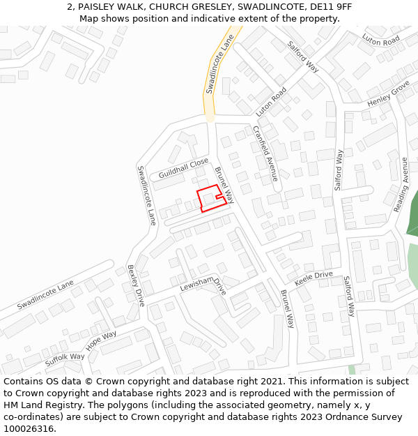 2, PAISLEY WALK, CHURCH GRESLEY, SWADLINCOTE, DE11 9FF: Location map and indicative extent of plot