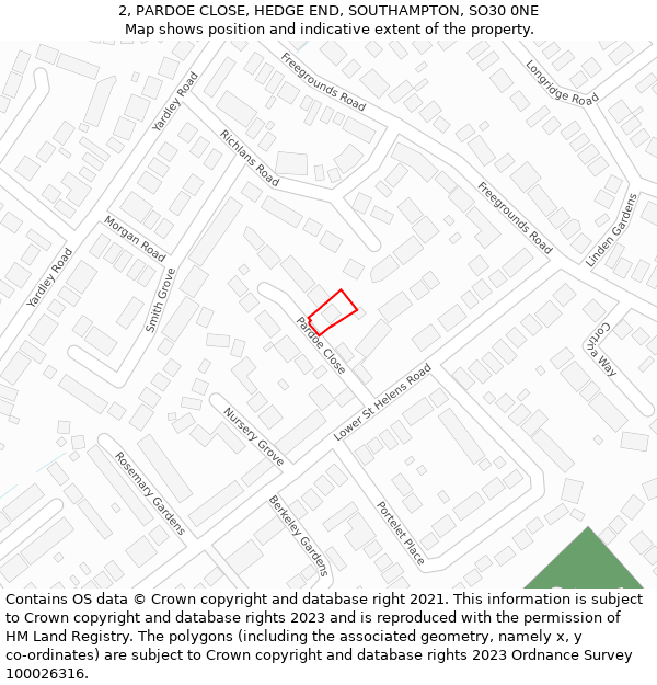 2, PARDOE CLOSE, HEDGE END, SOUTHAMPTON, SO30 0NE: Location map and indicative extent of plot