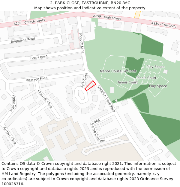 2, PARK CLOSE, EASTBOURNE, BN20 8AG: Location map and indicative extent of plot
