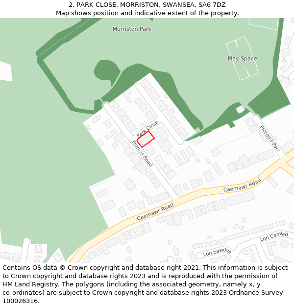2, PARK CLOSE, MORRISTON, SWANSEA, SA6 7DZ: Location map and indicative extent of plot