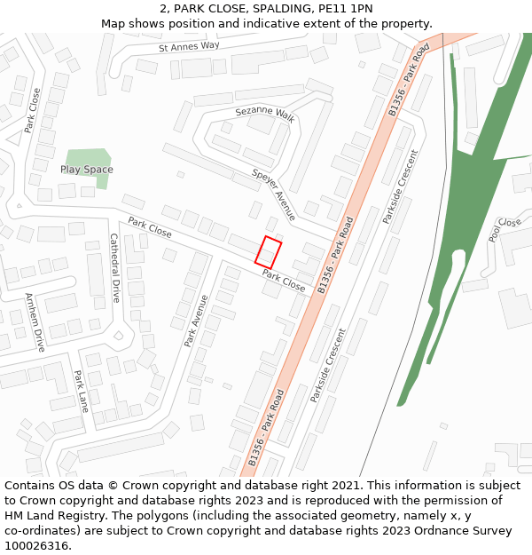 2, PARK CLOSE, SPALDING, PE11 1PN: Location map and indicative extent of plot