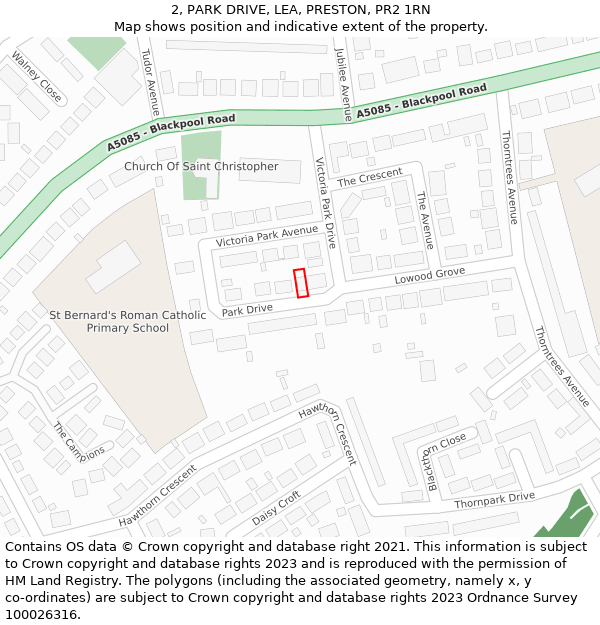 2, PARK DRIVE, LEA, PRESTON, PR2 1RN: Location map and indicative extent of plot