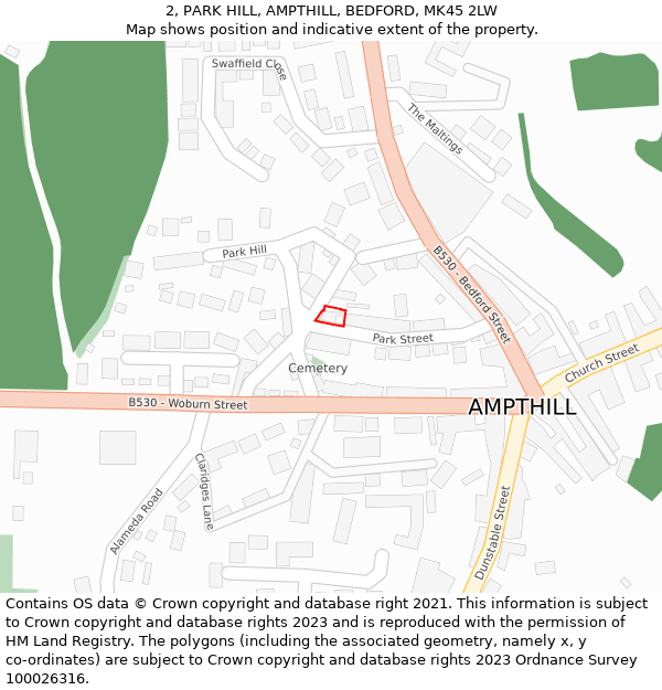 2, PARK HILL, AMPTHILL, BEDFORD, MK45 2LW: Location map and indicative extent of plot