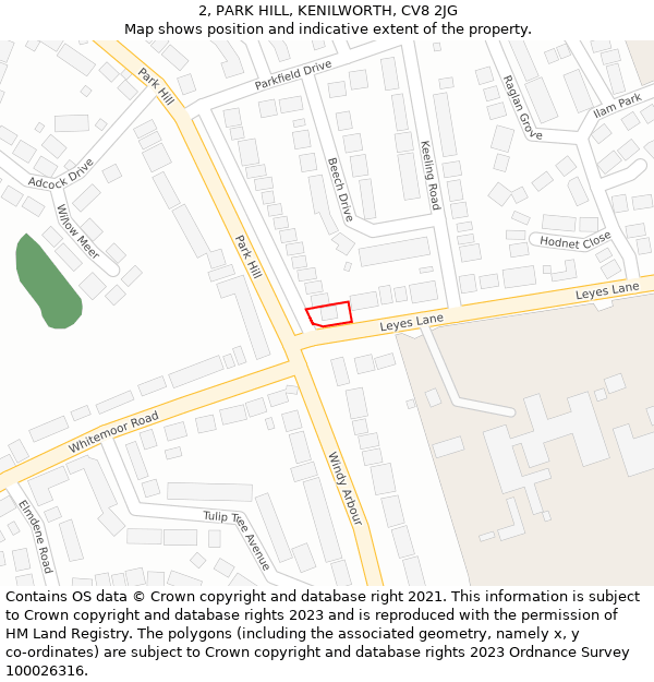 2, PARK HILL, KENILWORTH, CV8 2JG: Location map and indicative extent of plot