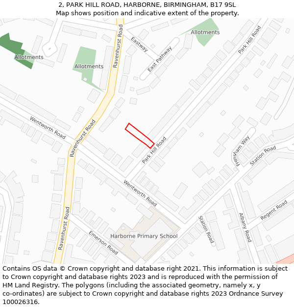 2, PARK HILL ROAD, HARBORNE, BIRMINGHAM, B17 9SL: Location map and indicative extent of plot