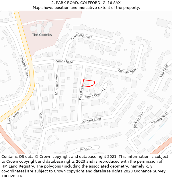 2, PARK ROAD, COLEFORD, GL16 8AX: Location map and indicative extent of plot