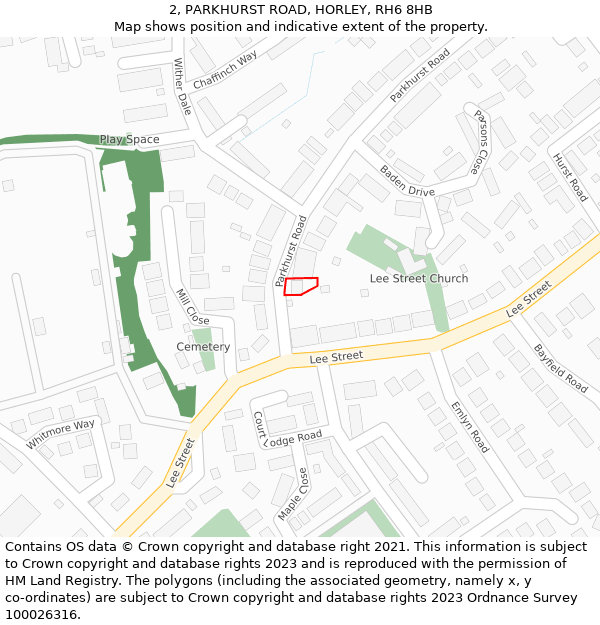 2, PARKHURST ROAD, HORLEY, RH6 8HB: Location map and indicative extent of plot