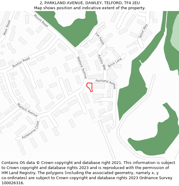 2, PARKLAND AVENUE, DAWLEY, TELFORD, TF4 2EU: Location map and indicative extent of plot