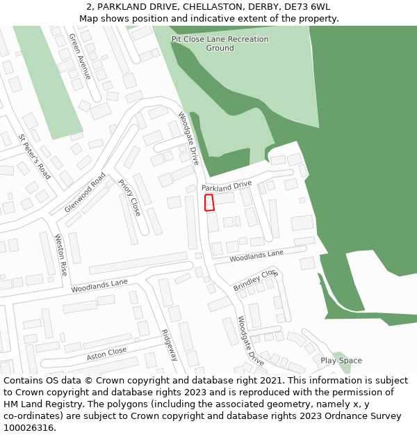 2, PARKLAND DRIVE, CHELLASTON, DERBY, DE73 6WL: Location map and indicative extent of plot