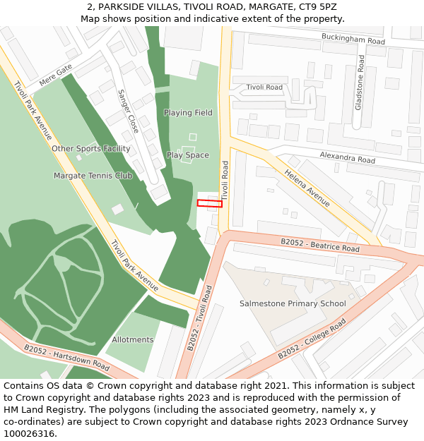 2, PARKSIDE VILLAS, TIVOLI ROAD, MARGATE, CT9 5PZ: Location map and indicative extent of plot