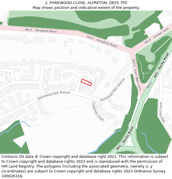 2, PARKWOOD CLOSE, ALFRETON, DE55 7PZ: Location map and indicative extent of plot