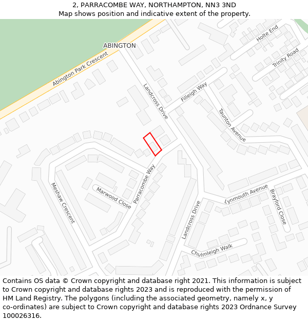 2, PARRACOMBE WAY, NORTHAMPTON, NN3 3ND: Location map and indicative extent of plot