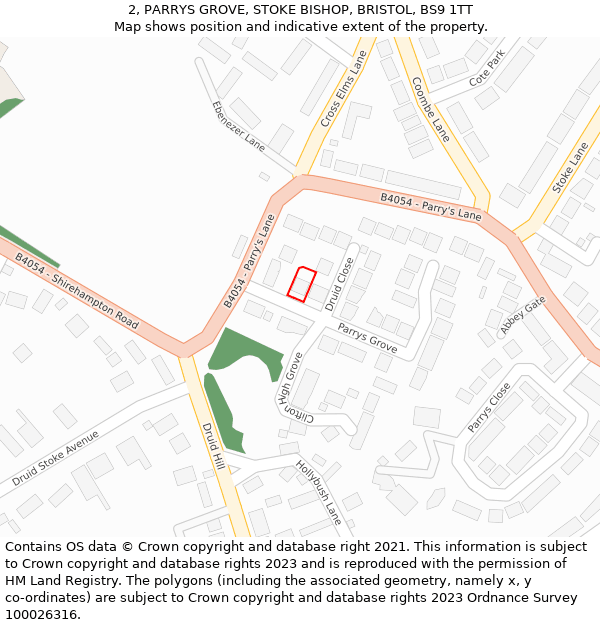 2, PARRYS GROVE, STOKE BISHOP, BRISTOL, BS9 1TT: Location map and indicative extent of plot