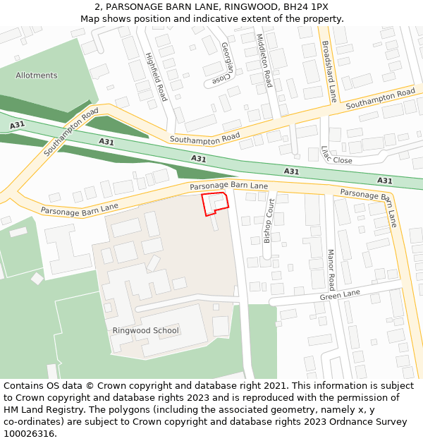 2, PARSONAGE BARN LANE, RINGWOOD, BH24 1PX: Location map and indicative extent of plot