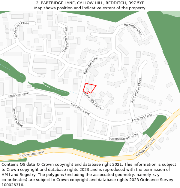 2, PARTRIDGE LANE, CALLOW HILL, REDDITCH, B97 5YP: Location map and indicative extent of plot