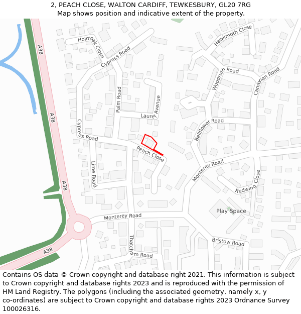 2, PEACH CLOSE, WALTON CARDIFF, TEWKESBURY, GL20 7RG: Location map and indicative extent of plot