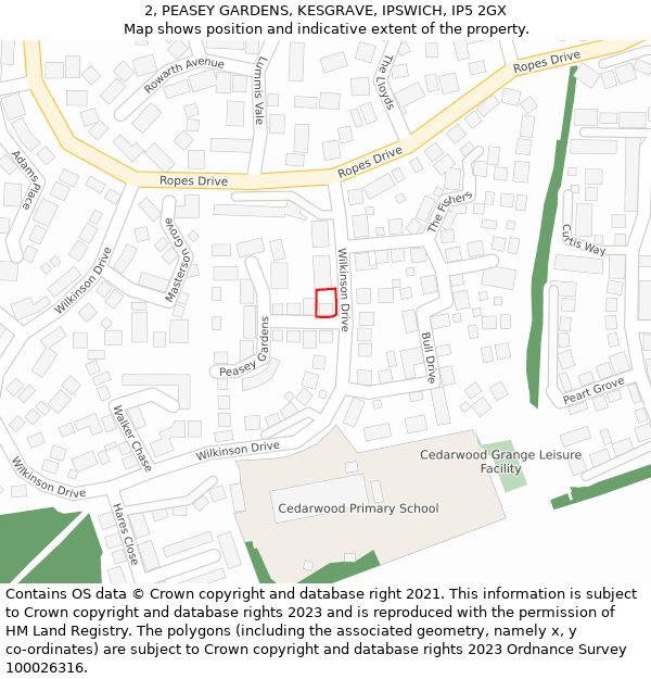2, PEASEY GARDENS, KESGRAVE, IPSWICH, IP5 2GX: Location map and indicative extent of plot