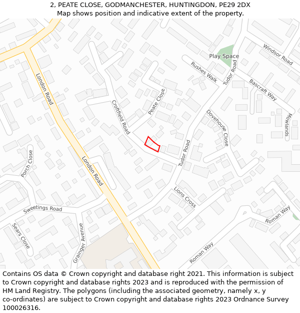 2, PEATE CLOSE, GODMANCHESTER, HUNTINGDON, PE29 2DX: Location map and indicative extent of plot