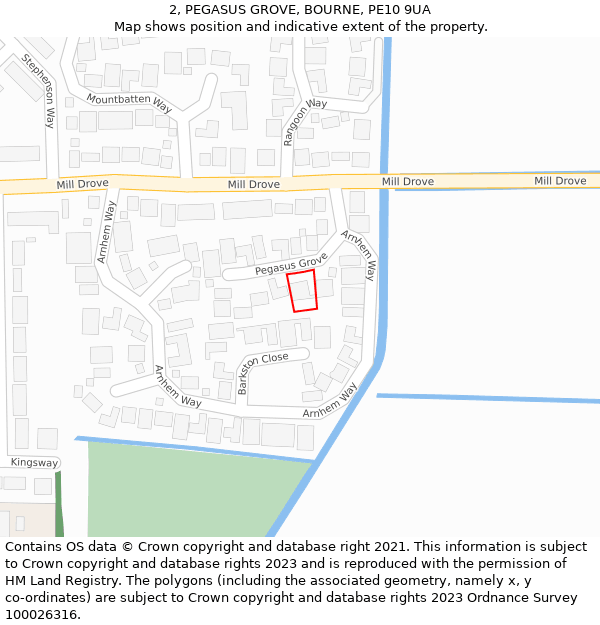 2, PEGASUS GROVE, BOURNE, PE10 9UA: Location map and indicative extent of plot
